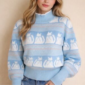 Vintage Blue Cat Knit Sweater Mock Neck Fair Isle Pullover Cottagecore